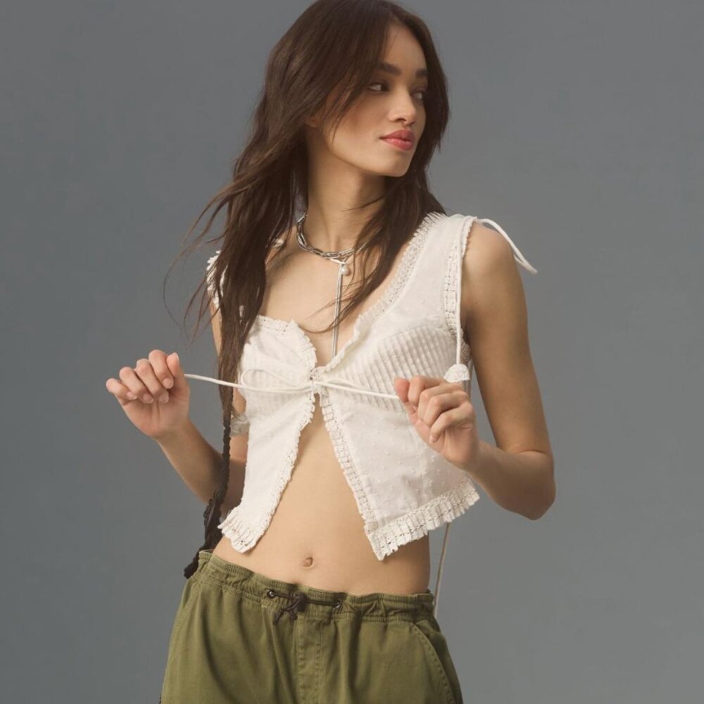 Anthropologie Forever That Girl Tie-Front Ruffle Top Size Small